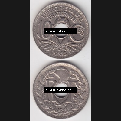 Münze Frankreich 1917-1938, 10 Centimes, Cent 1933. Vorderseite und Rückseite vertikal auf einen digitalen Bild der alten französischen Umlaufmünze 10 Cmes - Centimes... Sammlung