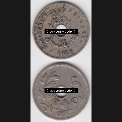 Münzen Belgien Umlaufmünze 1904-1907, 5 Cen, Centimes Koninkrijk Belgie. Vorderseite und Rückseite vertikal auf einen digitalen Bild der alten belgischen Francs Umlaufmünze... Sammlung