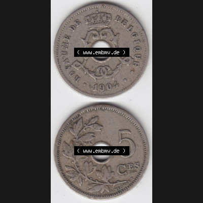 Münzen Belgien Umlaufmünze 1904-1907, 5 Ces, Centimes Koninkrijk Belgie. Vorderseite und Rückseite vertikal auf einen digitalen Bild der alten belgischen Francs Umlaufmünze... Sammlung