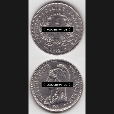 Münze Frankreich 1992-1992, 1 Francs Liberty Freiheitsgöttin. Vorderseite und Rückseite vertikal auf einen digitalen Bild der alten französischen Umlaufmünze aus Frankreich... Sammlung