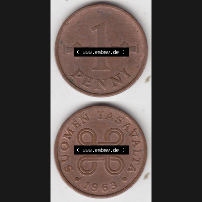 Münzen Finnland Umlaufmünze 1963-1969, 1 Penni 1963. Vorderseite und Rückseite vertikal auf einen digitalen Bild der alten finnischen Umlaufmünze aus Finnland SUOMI zum... Sammlung