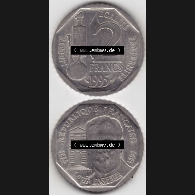 Münze Frankreich 1995-1995, 2 France Louis Rasteur. Vorderseite und Rückseite vertikal auf einen digitalen Bild der alten französischen Umlaufmünze aus Frankreich in der... Sammlung