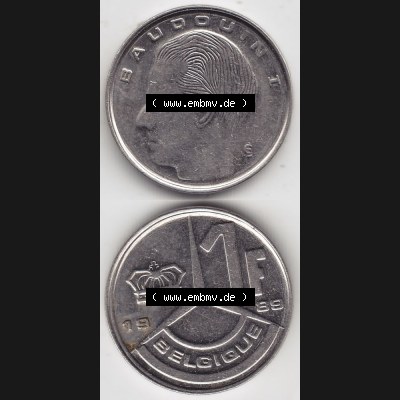 Münzen Belgien Umlaufmünze 1989-1993, 1 Franc Belgique. Vorderseite und Rückseite vertikal auf einen digitalen Bild der alten belgischen Francs Umlaufmünze aus Belgien... Sammlung