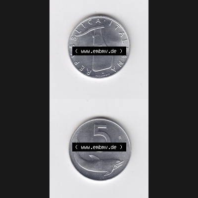 Münzen Italien Umlaufmünze 1951-2001, 5 Lira-Lire Schiffs-Ruder 1972. Vorderseite und Rückseite vertikal untereinander auf einen digitalen Bild der alten italienischen Münze... Sammlung