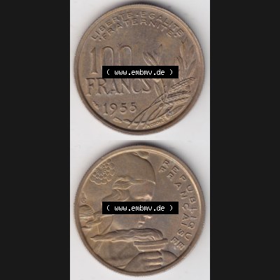 Münze Frankreich 1954-1958, 100 Francs, Franken Typ II 1955. Vorderseite und Rückseite vertikal auf einen digitalen Bild der alten französischen Umlaufmünze aus Frankreich... Sammlung
