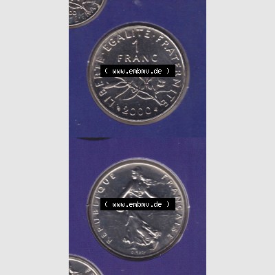 Münze Frankreich 2000, 1 Francs. Vorderseite und Rückseite vertikal auf einen digitalen Bild der alten französischen Umlaufmünze aus Frankreich in der Francs-Währung... Sammlung