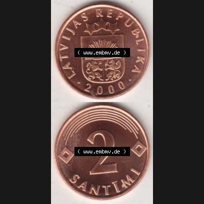 Münzen Lettland Umlaufmünze 1992-2009, 2 Santimi 2000, Münzseiten Vertikal für Mobile-Geräte als Bildmaterial Sammlung