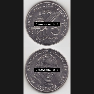 Münze Frankreich 1994-1994, 5 Francs Liberte Egalite Fraternite. Vorderseite und Rückseite vertikal auf einen digitalen Bild der alten französischen Umlaufmünze aus Frankreich... Sammlung