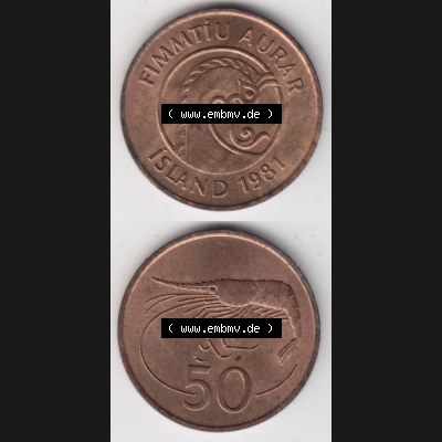 Münzen Island Umlaufmünze 1981-1981 50 Aurar 1981. Vorderseite und Rückseite vertikal untereinander auf einen digitalen Bild der alten Isländischen Umlaufmünze aus Island... Sammlung