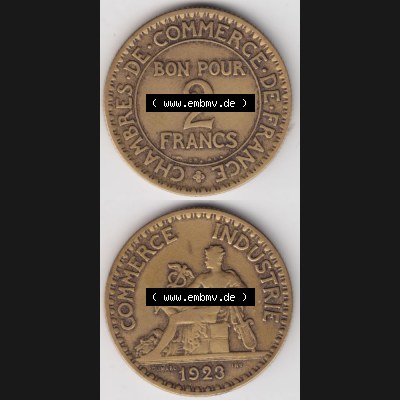 Münze Frankreich 1920-1927, 2 Francs, Franken 1923. Vorderseite und Rückseite vertikal auf einen digitalen Bild der alten französischen Umlaufmünze aus Frankreich... Sammlung