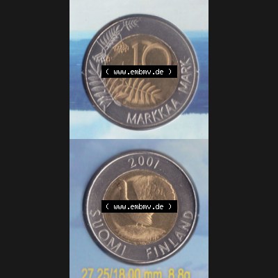 Münzen Finnland Umlaufmünze 2001, 10 Mark, Markkaa, Münzseiten Vertikal für Mobile-Geräte zum Download Sammlung