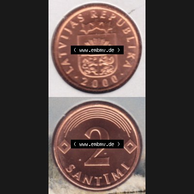 Münzen Lettland Umlaufmünze 1992-2009, 2 Centimes 2000, Münze aus Münzensatz, Münzseiten Vertikal für Mobile-Geräte als Bildmaterial Sammlung