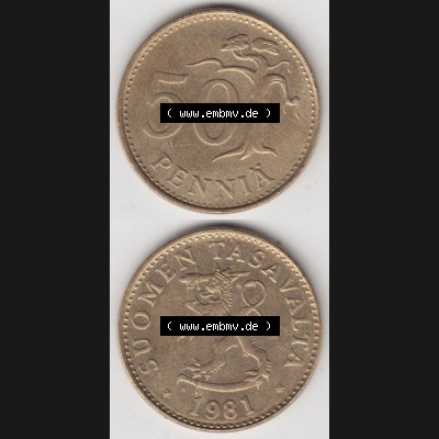 Münzen Finnland Umlaufmünze 1963-1990, 50 Penniä 1981. Vorderseite und Rückseite vertikal auf einen digitalen Bild der alten finnischen Umlaufmünze aus Finnland SUOMI... Sammlung