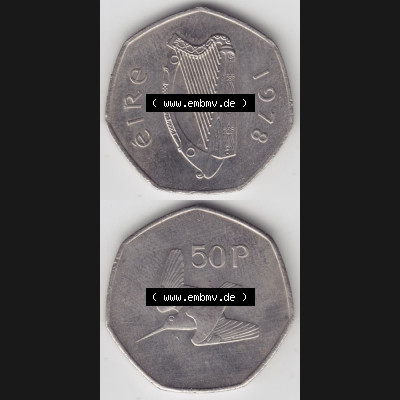 Münzen Irland Umlaufmünze 1970-2000, 50 Pence 1978. Vorderseite und Rückseite vertikal untereinander auf einen digitalen Bild der alten irischen Umlaufmünze aus Irland... Sammlung
