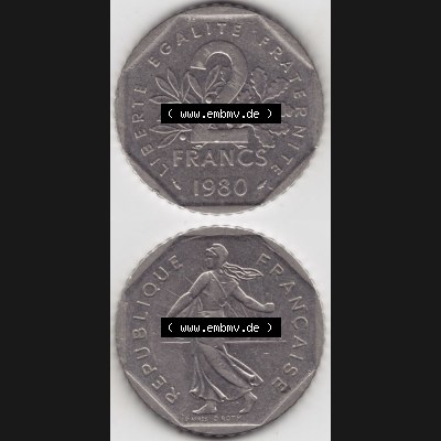 Münze Frankreich 1979-2001, 2 Francs Säerin Semeuse. Vorderseite und Rückseite vertikal auf einen digitalen Bild der alten französischen Umlaufmünze aus Frankreich... Sammlung