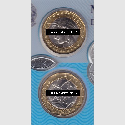 Münzen Italien Umlaufmünze 1997-2001, 1000 Lira-Lire Undedles Metall 2001. Vorderseite und Rückseite vertikal untereinander auf einen digitalen Bild der alten italienischen... Sammlung