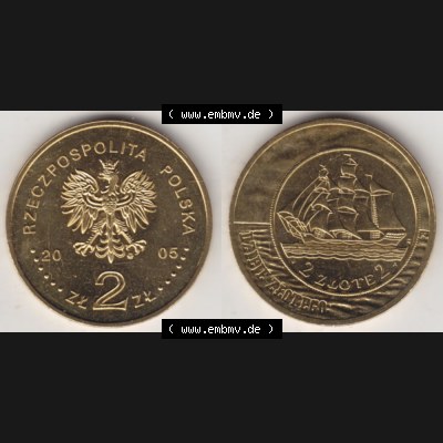 Münzen Polen Gedenkmünze 2005-2005, 2 Zloty, Segelschiff auf 2 Zloty und 5 Zloty der Ausgabe 1936, Bild mit Vollansicht als Bildmaterial Sammlung