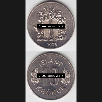 Münzen Island Umlaufmünze 1967-1980, 10 Kronur, Kronen 1974. Vorderseite und Rückseite vertikal untereinander auf einen digitalen Bild der alten Isländischen Umlaufmünze... Sammlung