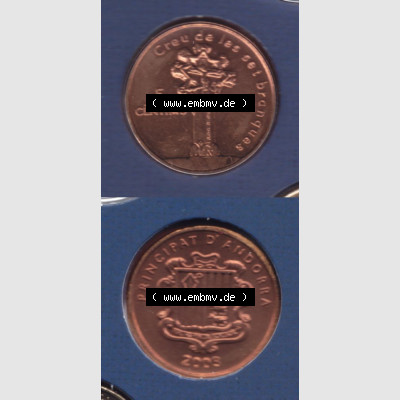 Münzen Andorra Sammlermünze aus KMS 2003, 5 Centims, Siebeneckiges Kreuz. Vorderseite und Rückseite vertikal auf einen digitalen Bild der alten Diner Umlaufmünze... Sammlung