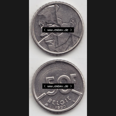 Münzen Belgien Umlaufmünze 1987-1993, 50 Francs Belgie. Vorderseite und Rückseite vertikal auf einen digitalen Bild der alten belgischen Francs Umlaufmünze aus Belgien... Sammlung