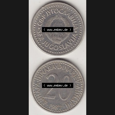 Münzen Jugoslawien Umlaufmünze 1985-1987, 20 Dinar 1987, Münzseiten Vertikal für Mobile-Geräte als Bildmaterial Sammlung
