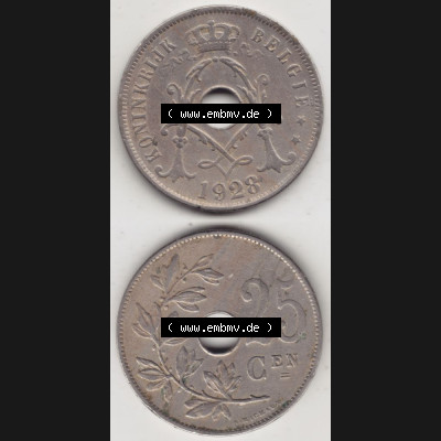 Münzen Belgien Umlaufmünze 1910-1929, 25 Cen, 1928 Centimes Koninkrijk Belgie. Vorderseite und Rückseite vertikal auf einen digitalen Bild der alten belgischen Francs... Sammlung