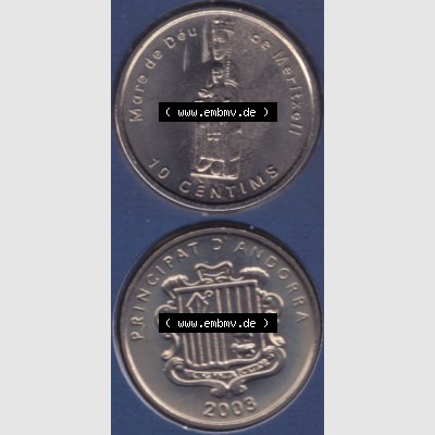 Münzen Andorra Sammlermünze aus KMS 2003, 10 Centims, Jungfrau von Meritxell. Vorderseite und Rückseite vertikal auf einen digitalen Bild der alten Diner Umlaufmünze... Sammlung