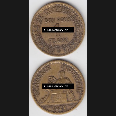 Münze Frankreich 1920-1927, 1 Francs, Franken 1922. Vorderseite und Rückseite vertikal auf einen digitalen Bild der alten französischen Umlaufmünze aus Frankreich... Sammlung