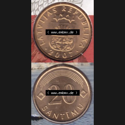 Münzen Lettland Umlaufmünze 1992-2009, 20 Centimes 2007, Münze aus Münzensatz, Münzseiten Vertikal für Mobile-Geräte als Bildmaterial Sammlung