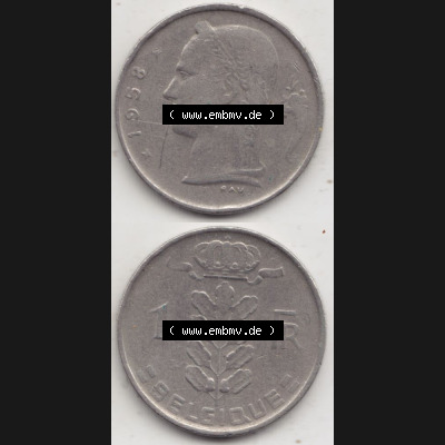 Münzen Belgien Umlaufmünze 1950-1988, 1 Francs-Franken 1958 Belgique. Vorderseite und Rückseite vertikal auf einen digitalen Bild der alten belgischen Francs Umlaufmünze... Sammlung
