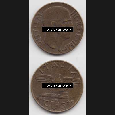 Münzen Italien Umlaufmünze 1939-1943, 5 Centesimi 1942. Vorderseite und Rückseite vertikal untereinander auf einen digitalen Bild der alten italienischen Münze aus Italien... Sammlung