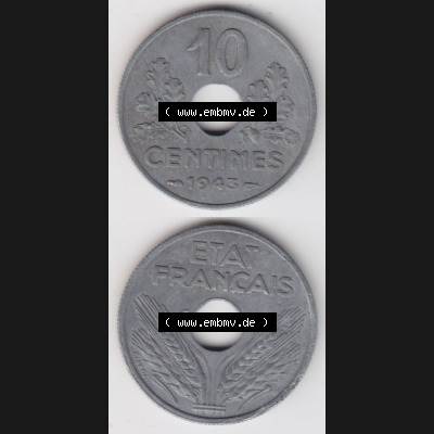 Münze Frankreich 1941-1943, 10 Centimes, Etat Francais 1943. Vorderseite und Rückseite vertikal auf einen digitalen Bild der alten französischen Umlaufmünze 10 Cmes... Sammlung