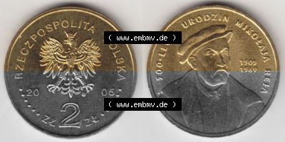 Münzen Polen Gedenkmünze 2005-2005, 2 Zloty, 500. Geburtstag von Mikołaj Rej, Bild mit Vollansicht als Bildmaterial Sammlung