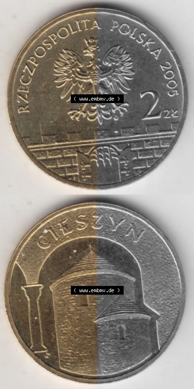 Münzen Polen Gedenkmünze 2005-2005, 2 Zloty, Historische Städte Polens - Cieszyn, Münzseiten Vertikal für Mobile-Geräte... Sammlung