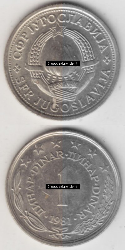 Münzen Jugoslawien Umlaufmünze 1973-1981, 1 Dinar 1981, Münzseiten Vertikal für Mobile-Geräte als Bildmaterial Sammlung