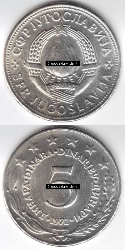 Münzen Jugoslawien Umlaufmünze 1971-1981, 5 Dinara, Dinarjev 1972, Münzseiten Vertikal für Mobile-Geräte als Bildmaterial Sammlung