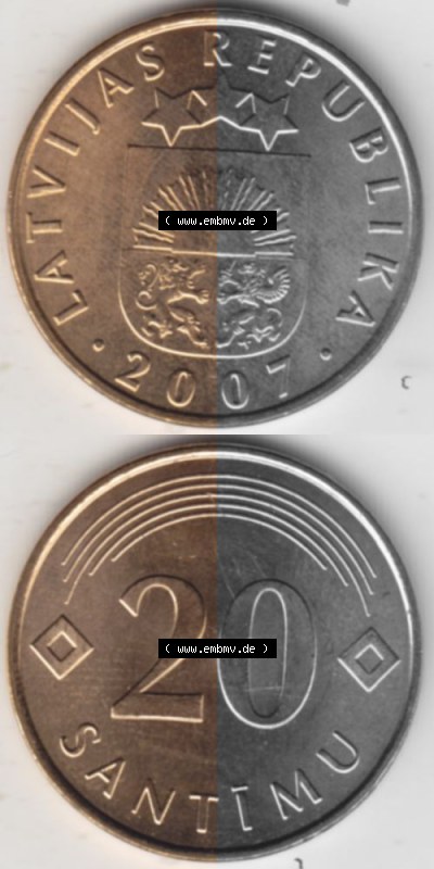 Münzen Lettland Umlaufmünze 1992-2009, 20 Santimu 2007, Münzseiten Vertikal für Mobile-Geräte als Bildmaterial Sammlung