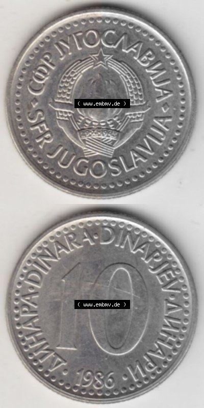 Münzen Jugoslawien Umlaufmünze 1982-1988, 10 Dinar 1986, Münzseiten Vertikal für Mobile-Geräte als Bildmaterial Sammlung
