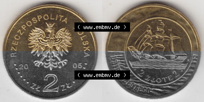 Münzen Polen Gedenkmünze 2005-2005, 2 Zloty, Segelschiff auf 2 Zloty und 5 Zloty der Ausgabe 1936, Bild mit Vollansicht als... Sammlung