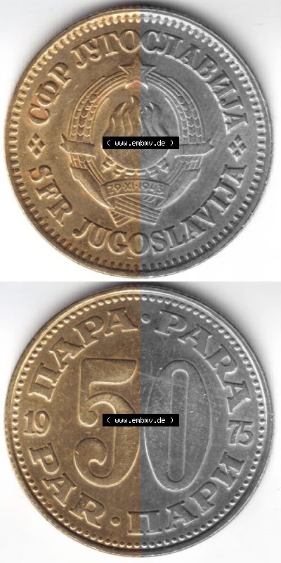 Münzen Jugoslawien Umlaufmünze 1965-1981, 50 Para, Par, Napa 1975, Münzseiten Vertikal für Mobile-Geräte zum Download Sammlung