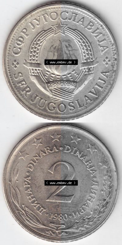 Münzen Jugoslawien Umlaufmünze 1971-1981, 2 Dinara, Dinarja 1980, Münzseiten Vertikal für Mobile-Geräte als Bildmaterial Sammlung