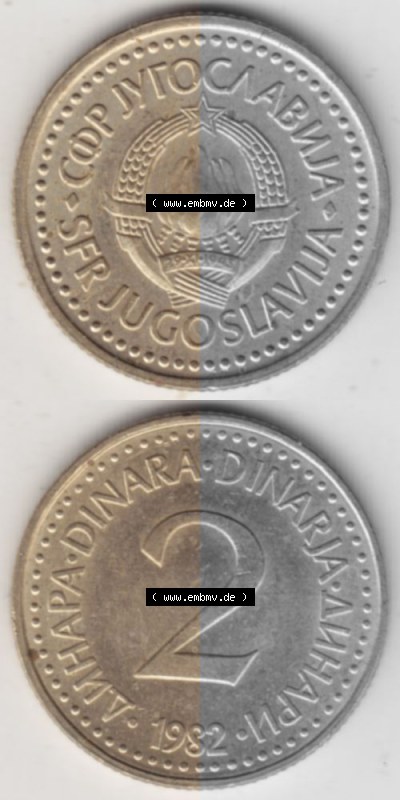 Münzen Jugoslawien Umlaufmünze 1982-1986, 2 Dinar 1982, Münzseiten Vertikal für Mobile-Geräte als Bildmaterial Sammlung