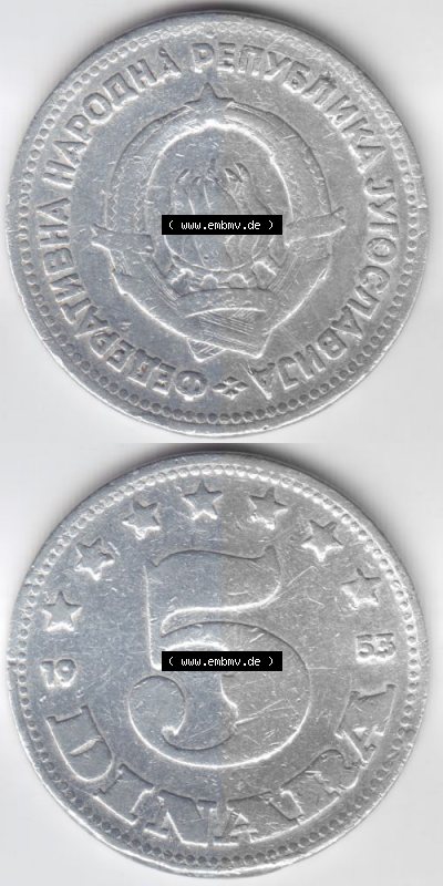 Münzen Jugoslawien Umlaufmünze 1953-1953, 5 Dinara, Münzseiten Vertikal für Mobile-Geräte zum Download Sammlung