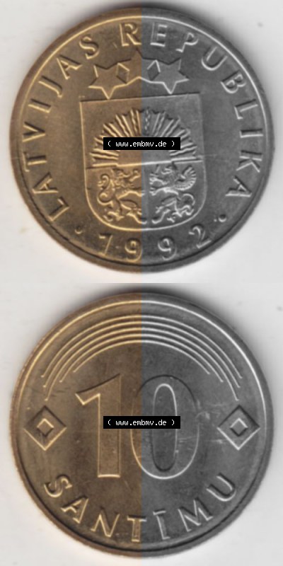 Münzen Lettland Umlaufmünze 1992-2008, 10 Santimu 1992, Münzseiten Vertikal für Mobile-Geräte als Bildmaterial Sammlung