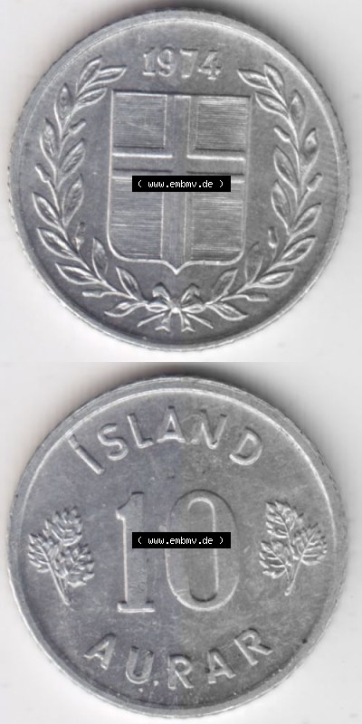 Münzen Island Umlaufmünze 1970-1974, 10 Aurar 1974, Münzseiten Vertikal für Mobile-Geräte zum Bildmaterial Sammlung
