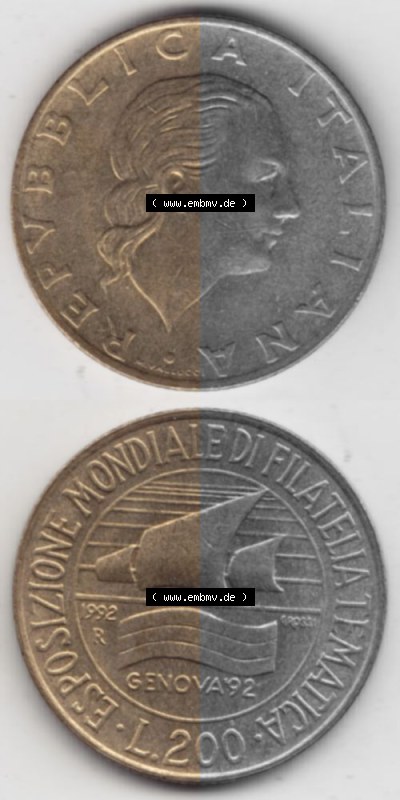 Münzen Italien Gedenkmünze 1992-1992, 200 Lire Briefmarkenausstellung in Genua, Münzseiten Vertikal für Mobile-Geräte zum... Sammlung