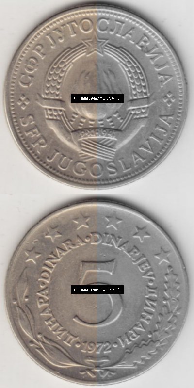 Münzen Jugoslawien Umlaufmünze 1971-1981, 5 Dinar 1972, Münzseiten Vertikal für Mobile-Geräte als Bildmaterial Sammlung