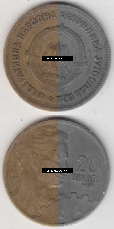 Münzen Jugoslawien Umlaufmünze 1955-1955, 20 Dinar 1955, Münzseiten Vertikal für Mobile-Geräte zum Download Sammlung