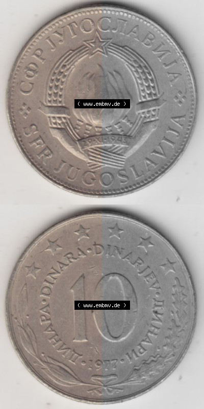Münzen Jugoslawien Umlaufmünze 1976-1981, 10 Dinar 1977, Münzseiten Vertikal für Mobile-Geräte als Bildmaterial Sammlung