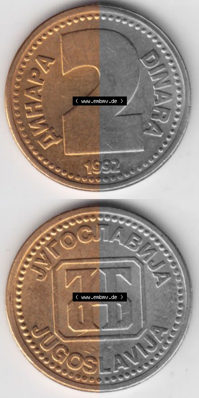 Münzen Jugoslawien Umlaufmünze 1992-1992, 2 Dinara, Anhapa, Dinar, Münzseiten Vertikal für Mobile-Geräte als Bildmaterial Sammlung